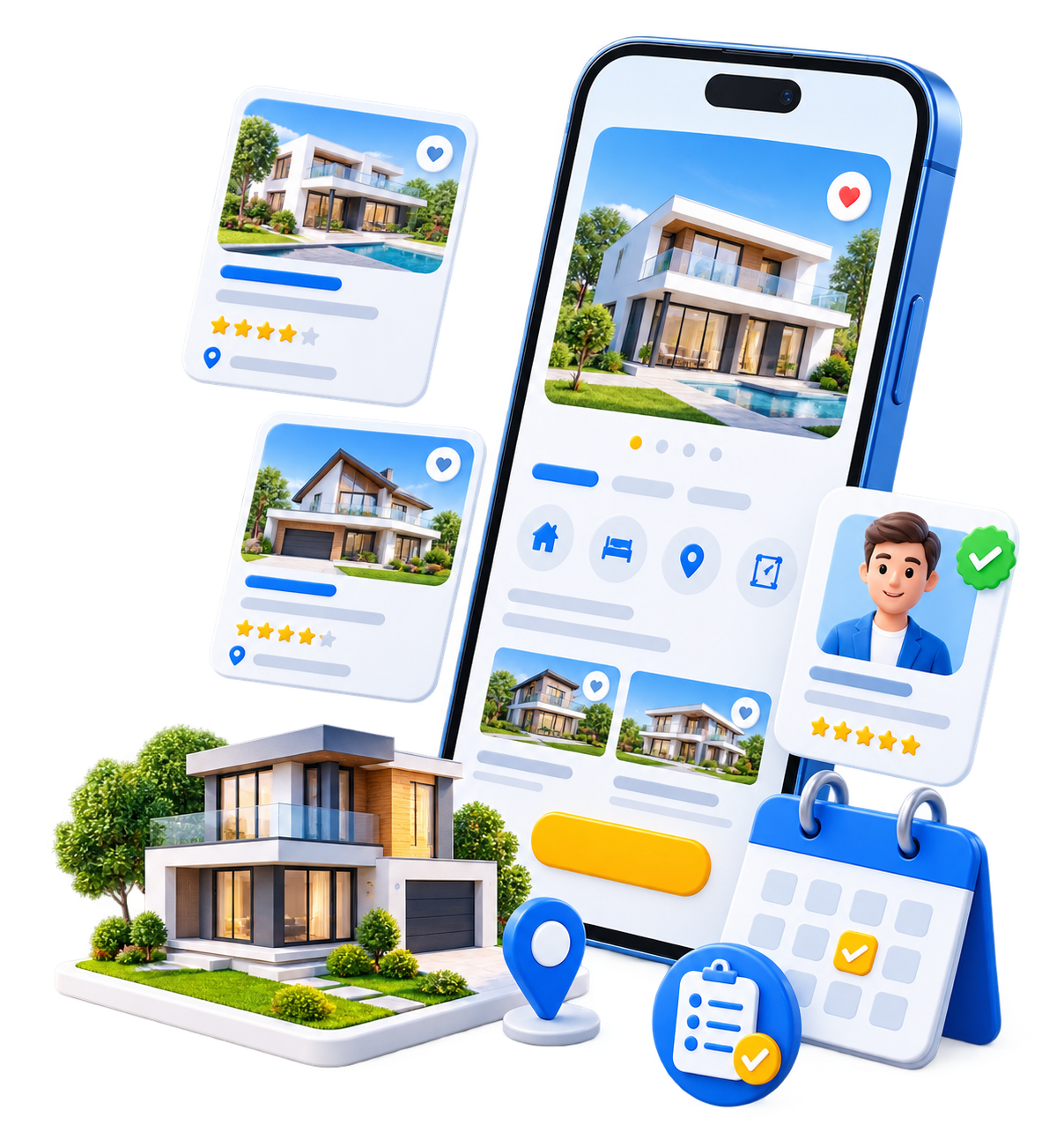 Mockup mobile landing page properti Propella dengan card listing dan jadwal survey