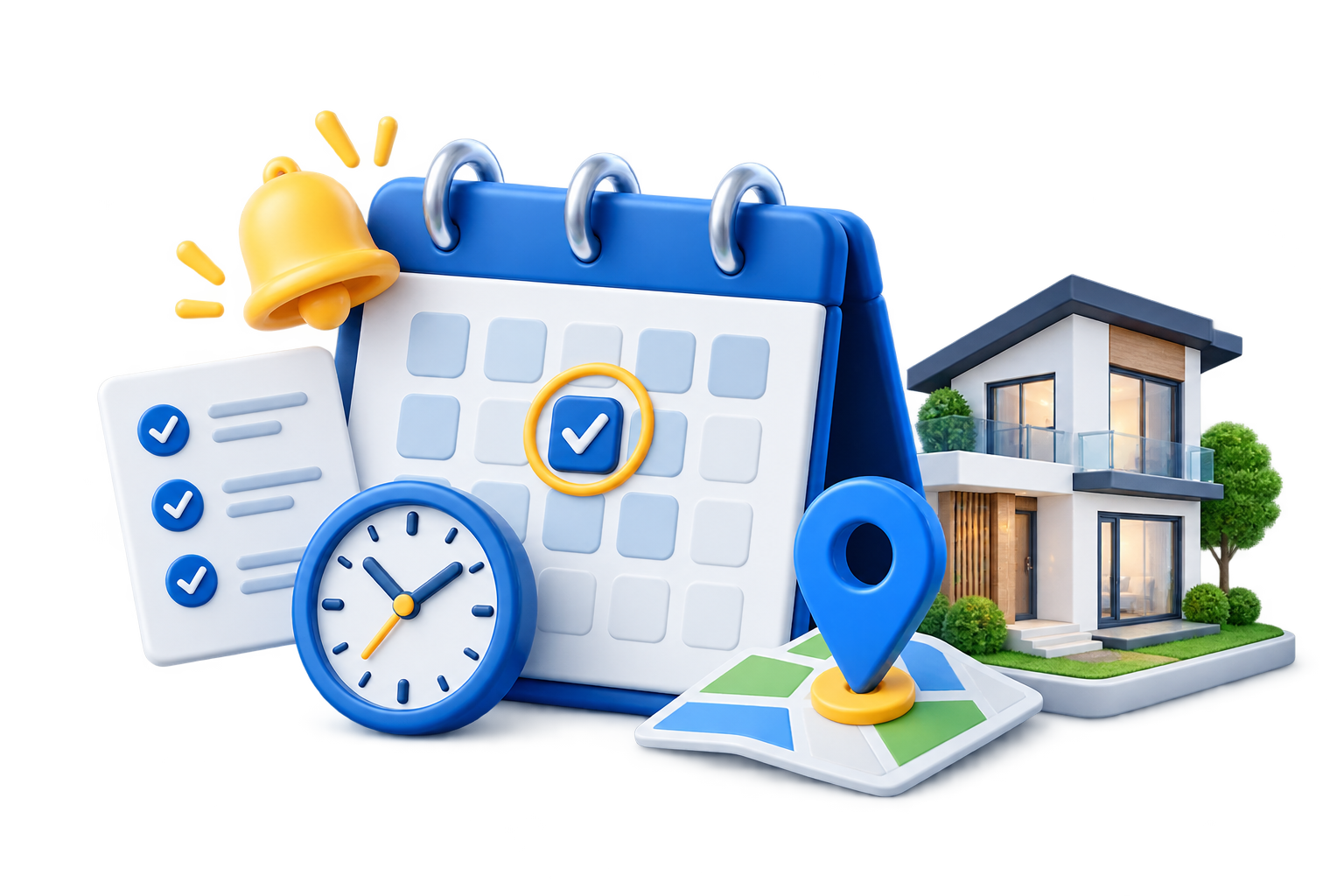 Kalender booking survey properti dengan pin lokasi dan rumah